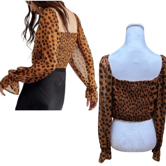 NEW Free People Parker top brown leopard print crop long sleeve sheer size SMALL - Picture 3 of 4
